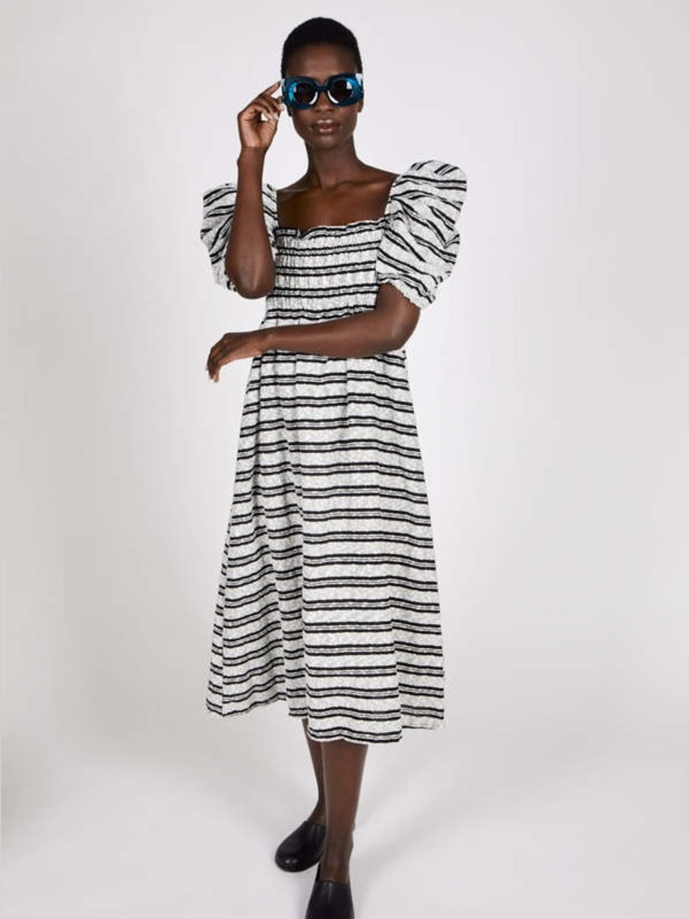 Striped Caro Puff-Sleeve Midi Dress